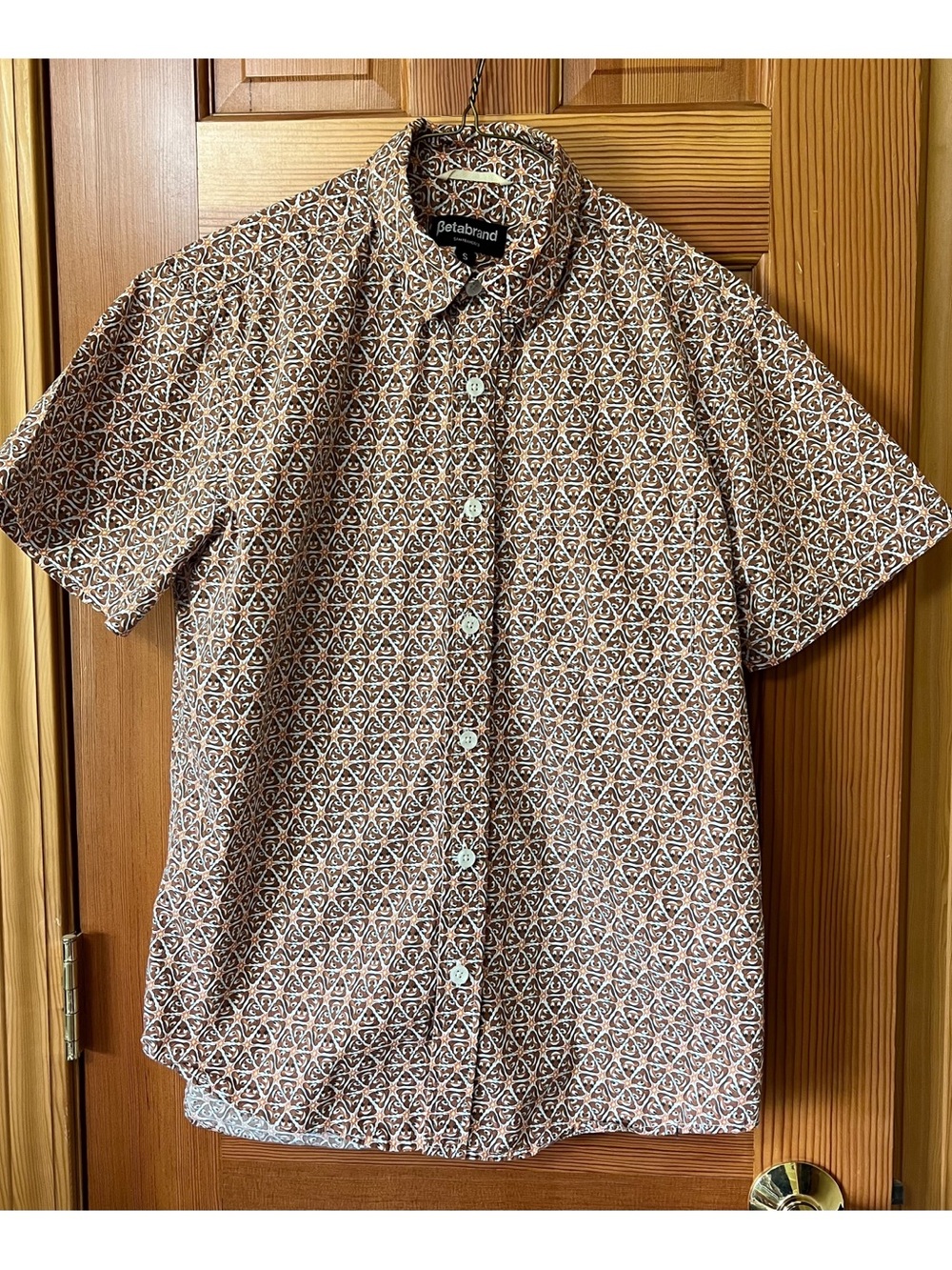 Betabrand Men’s Short-Sleeve Geometric Print Shirt - Brown/White